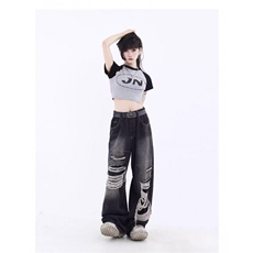 美式街头贴布破洞设计感牛仔裤男女ins潮宽松直筒裤子WLN7133-P52，男装牛仔裤，星座1008