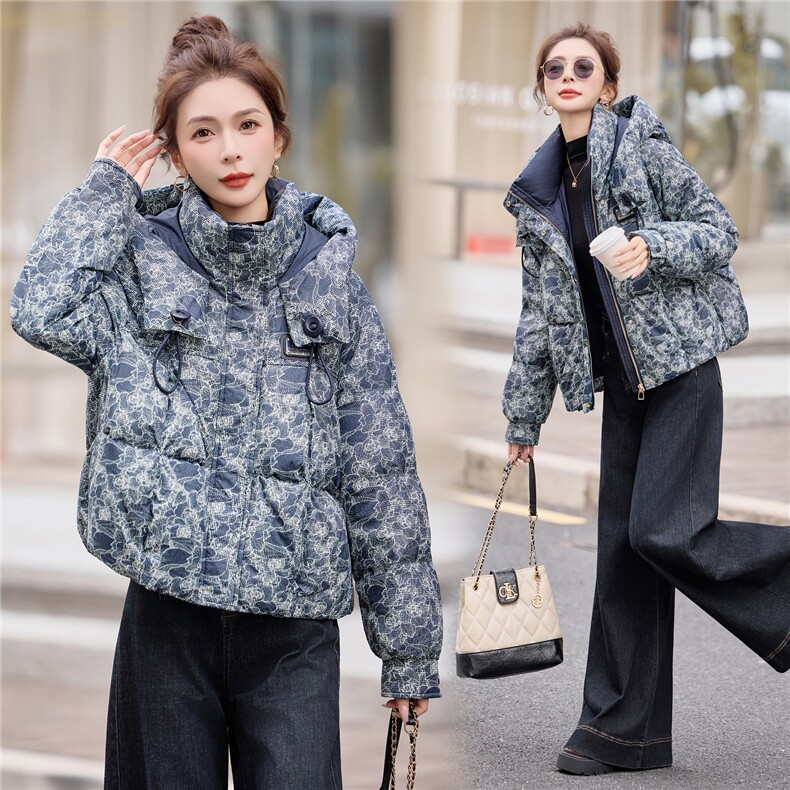 时尚印花连帽白鸭绒羽绒服2025冬季新款,女装羽绒服,余墨