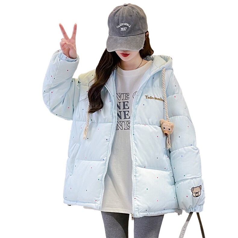 CC078-P130挂件小熊连帽棉服女冬季减龄波点宽松加厚保暖面包服,男装棉衣,星座911-3