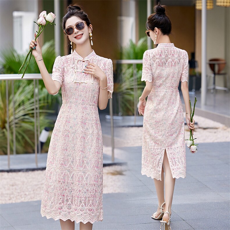 新中式国风蕾丝连衣裙女小个子夏季温柔风显瘦镂空改良旗袍裙子夏，女装连衣裙，星期衣