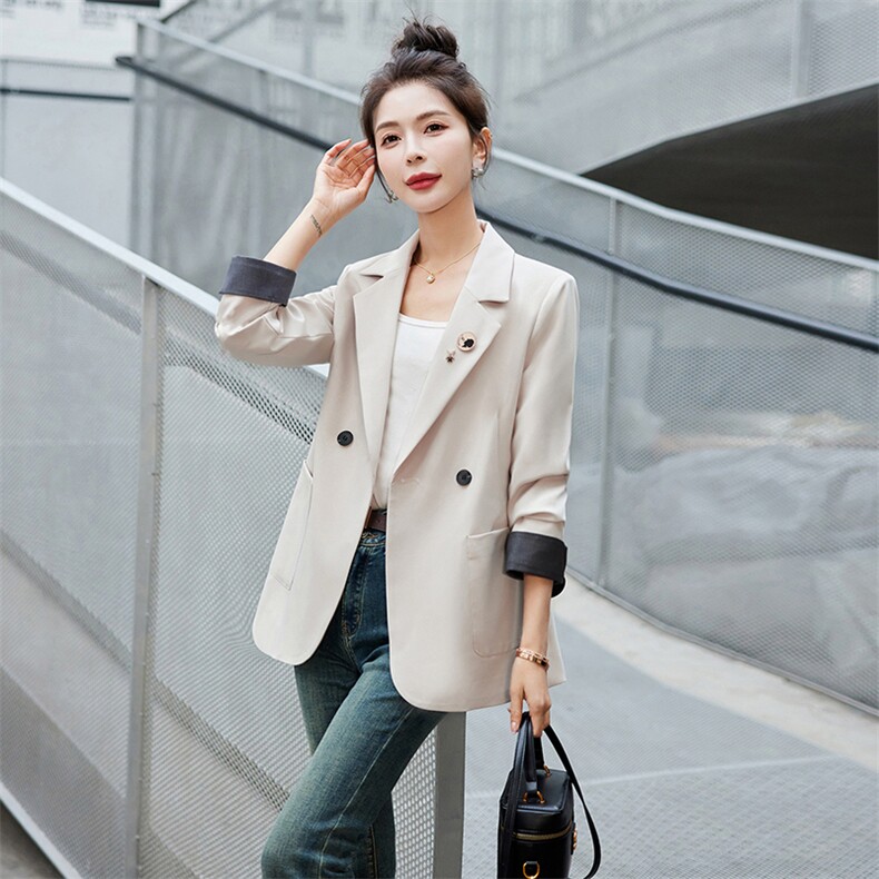西装外套女春季2024年新款韩版宽松休闲中长款黑色气质小西服上衣,女装西装,岚衣(原川流布茜）