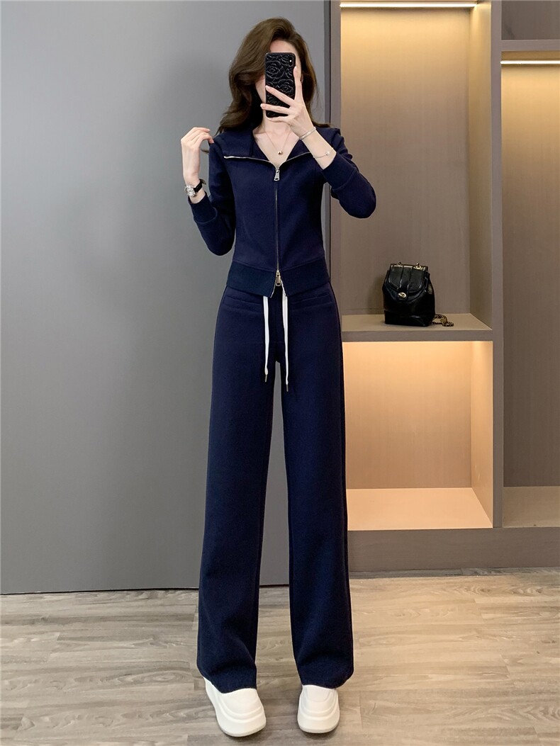 高端时尚套装女秋季新款修身显瘦双头拉链开衫卫衣阔腿长裤两件套,女装套装/套裙,江南