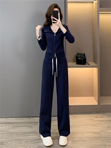 高端时尚套装女秋季新款修身显瘦双头拉链开衫卫衣阔腿长裤两件套图片