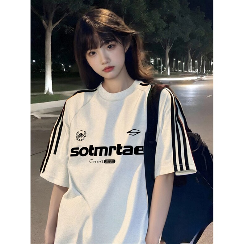 抖音得物高品质二开240克宽松纯棉美式潮牌三条杠织带短袖T恤图片