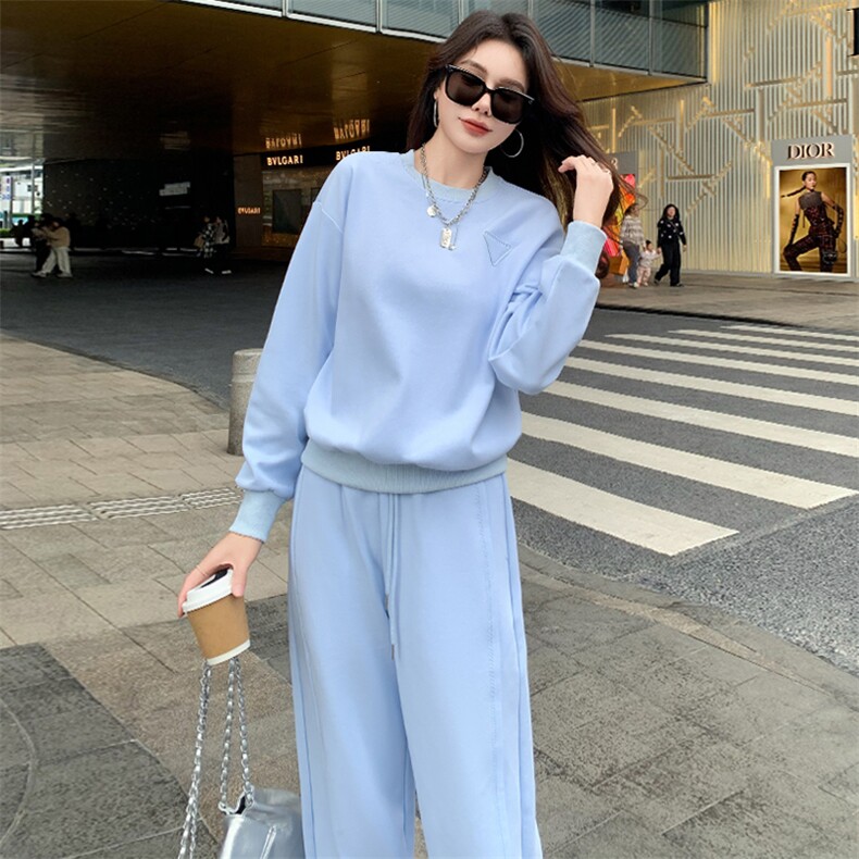 女春季新款圆领刺绣卫衣阔腿卫裤两件套,女装套装/套裙,江南