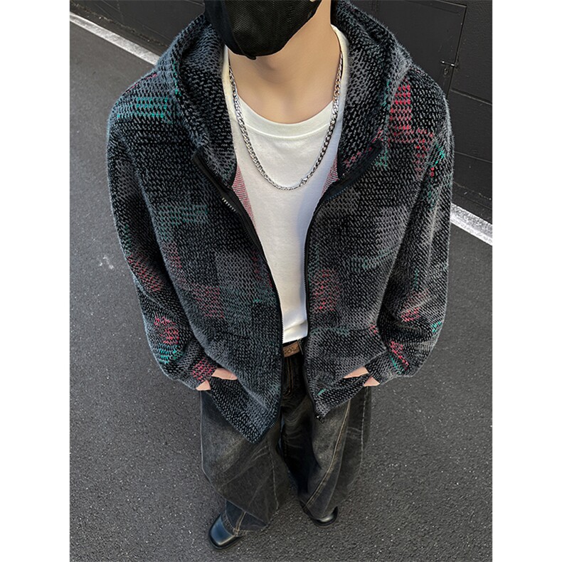 YK86136-P70美式复古针织开衫连帽卫衣男秋冬季宽松休闲彩色格子，男装卫衣，电商A086-1