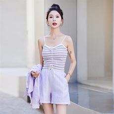 天丝透气防晒套装女夏款新款时尚高级感修身衬衫连体短裤两件套潮，女装套装/套裙，慧峰
