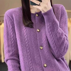 25秋冬新款绞花圆领100%纯羊毛开衫女纯色提花长袖羊绒衫宽松外套，女装针织衫/毛衣，萱芳婷羊绒