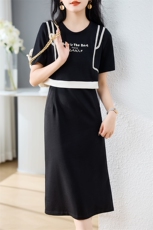 2024年夏季新款休闲风中长款短袖假两件圆领字母女装连衣裙，女装连衣裙，初闻兮