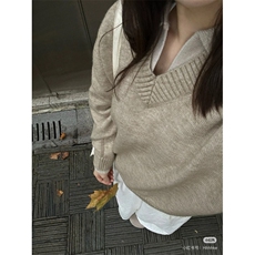 秋冬款~老钱风cleanfit假两件撞色领慵懒风毛衣针织W1333/特P65，男装针织衫/毛衣，电商B350