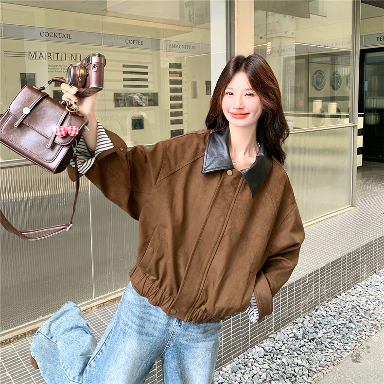 美拉德麂皮绒外套女宽松2025秋新款甜酷风小个子百搭短款夹克上衣,女装短外套,2C126