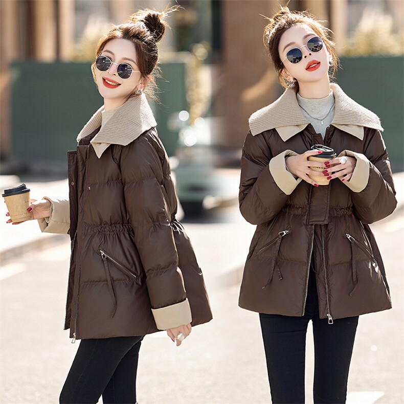 针织翻领洋气PU皮羽绒服女2025冬季气质收腰中长款白鸭绒保暖外套，女装羽绒服，慕咨