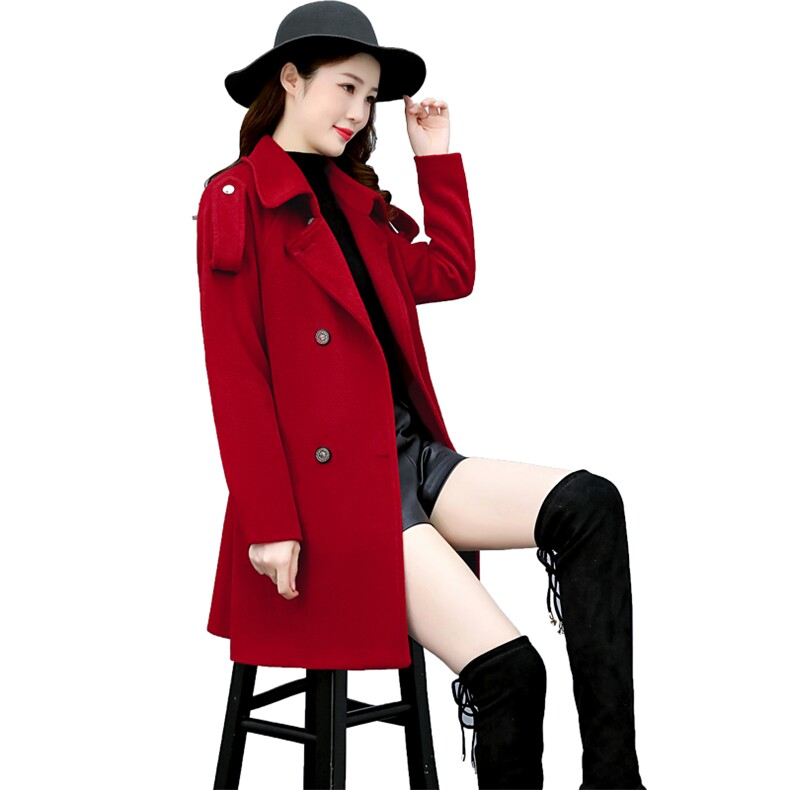 毛呢外套纯色甜美2021年冬季长袖修身中长款,女装毛呢外套,韩宇舍