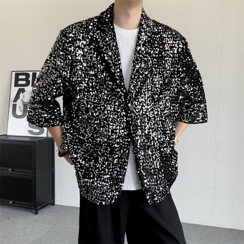 夏季闪闪亮珠片亮面夜店舞台装男演出服七分袖西装夜店歌手外套,男装西服,星座909