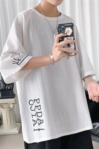 2021夏季新款大码男短句风港风老鼠印花亚麻短袖棉麻T恤T190-P28图片