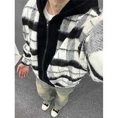 小香风假两件连帽格子外套男士冬季新款复古青年宽松休闲毛呢夹克，男装夹克，星座506A