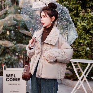 短款仿羊羔毛拼接羽绒服女2024冬季新款女装保暖外套潮！达标90绒！图片
