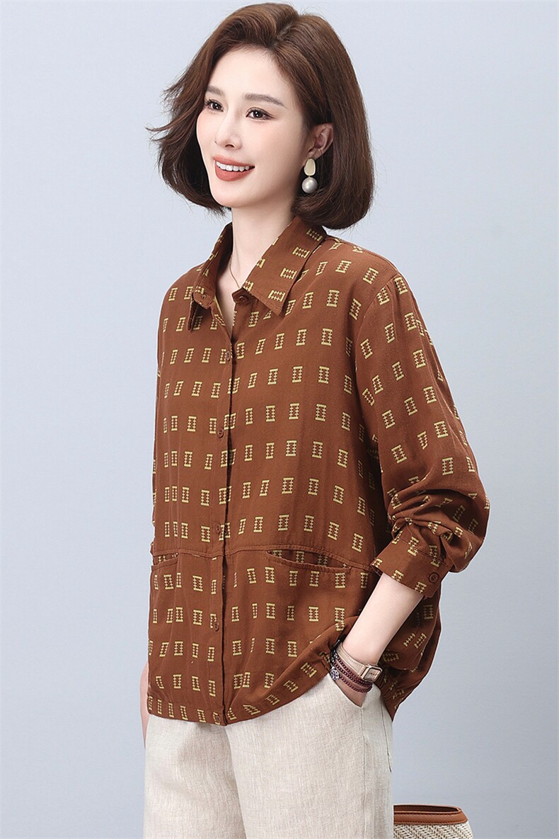 印花衬衫女2024新款春秋长袖中老年妈妈休闲纯棉上衣,女装衬衫,忆绮罗