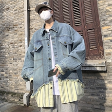 秋季新款拼接牛仔夹克男宽松帅气ins百搭外套痞帅牛仔衣J8619-P65，男装夹克，星座1008