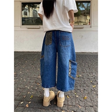 美式街头豹纹牛仔七分裤男女2025夏季宽松阔腿弯刀裤DA6130-P50，男装牛仔裤，星座208-5