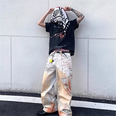 彩色喷绘牛仔裤设计感宽松直筒阔腿拖地长裤子BA3090-P63，男装牛仔裤，星座208-5