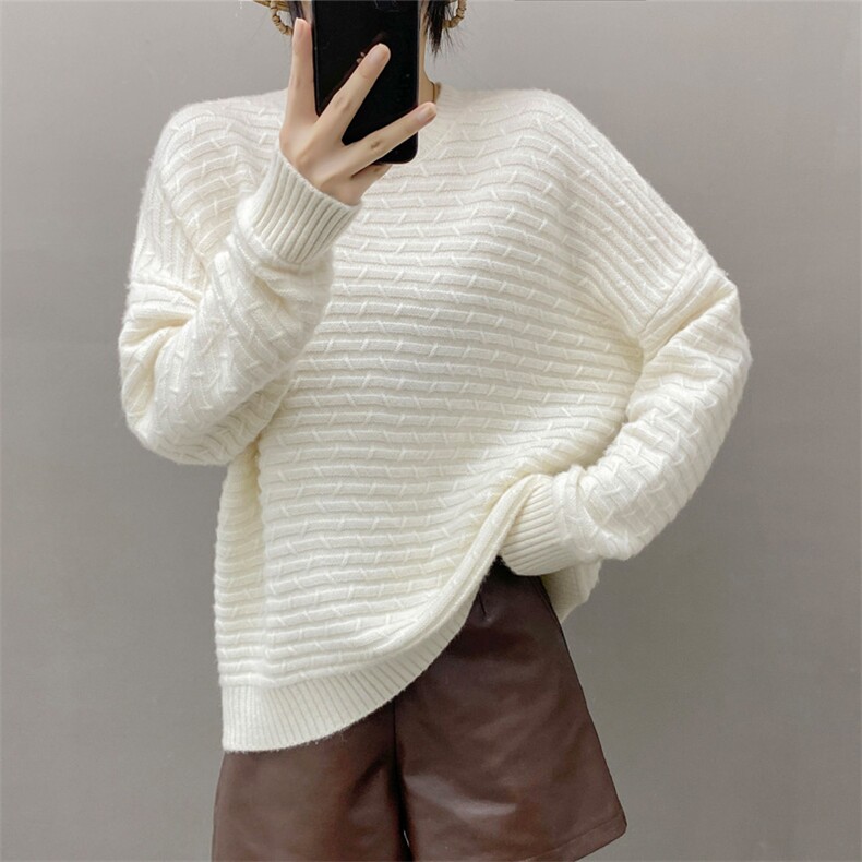 秋冬季新款山羊绒衫女士圆领条纹休闲时尚宽松百搭软糯针织衫毛衣，女装羊绒衫，织绒羊