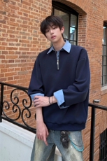 新款假两件条纹拉链衬衫领休闲春款卫衣高街休闲学院卫衣特P50，男装卫衣，电商B319