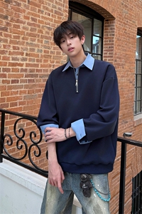 新款假两件条纹拉链衬衫领休闲春款卫衣 高街休闲学院卫衣 特P50图片
