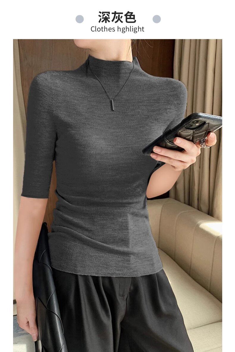 早秋款半高领时尚百搭显瘦修身版型短袖，女装T恤，挚尚羊绒