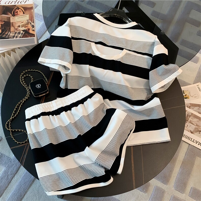 高级感时尚潮流套装女夏新款宽松圆领条纹短袖上衣阔腿短裤两件套,女装套装/套裙,江南