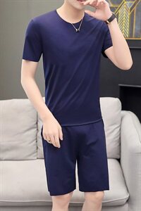 夏季短袖套装t恤圆领无痕短裤男两件套纯色休闲运动深蓝TZ375图片