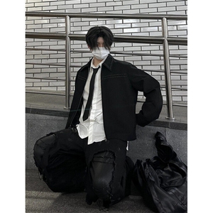 春秋季新款黑色时尚美式复古刺绣宽松休闲翻领夹克外套 J777图片