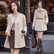 2026冬装新款简约时尚戴围脖羊绒大衣，女装双面呢大衣，魅丽静蓝