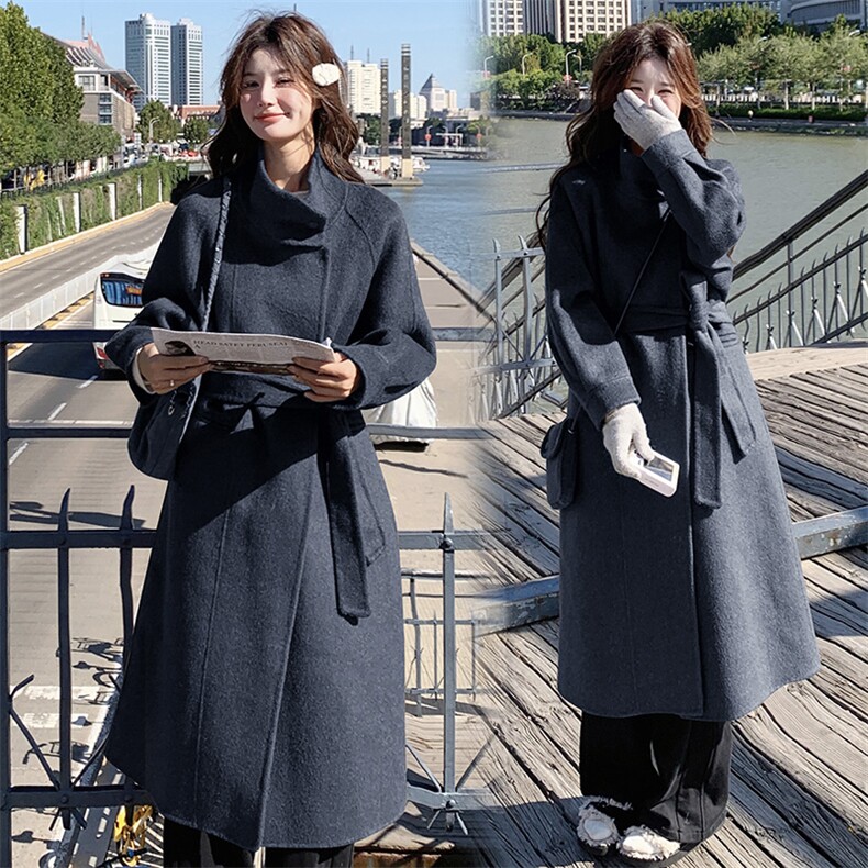 双面羊毛大衣女款2024秋冬新款韩版宽松气质优雅羊毛呢外套配包包,女装双面呢大衣,韩蜜菓