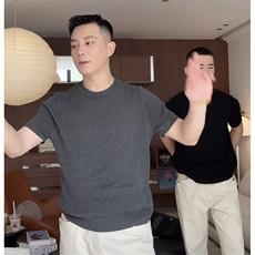 复古坑条纹针织透气轻柔休闲百搭打底纯色短袖上衣9615/P45，男装T恤，电商A243