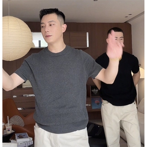 复古坑条纹针织透气轻柔休闲百搭打底纯色短袖上衣9615/P45,胖妹妹遮肉穿搭图片