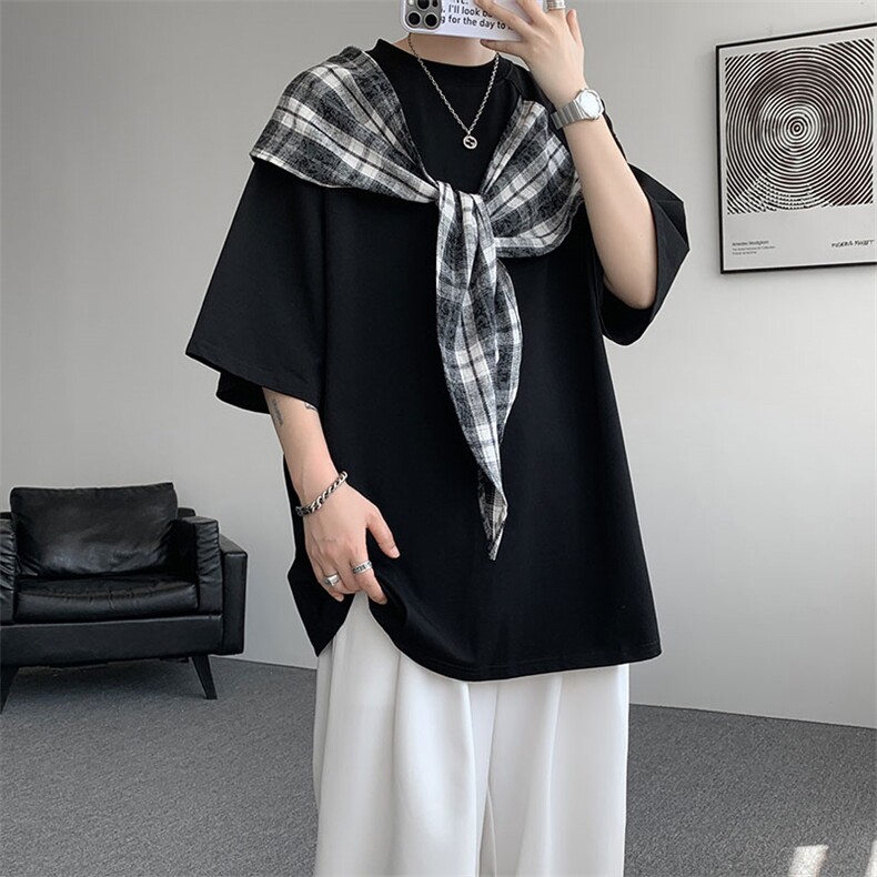 T10128-特批32控58曼巴棉大码撞色拼接个性小众T恤短袖潮,男装T恤,电商A059