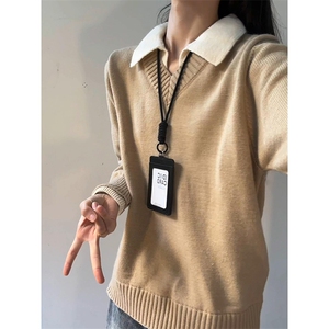 重磅北极绒假两件衬衫领毛衣美式高街复古休闲慵懒纯色翻领针织衫图片