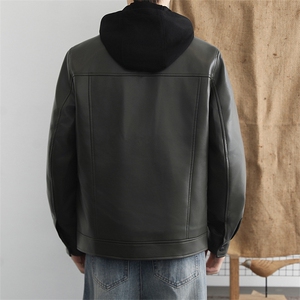 高端商务假两件皮衣羽绒服男士连帽秋冬加厚保暖黑色皮夹克图片