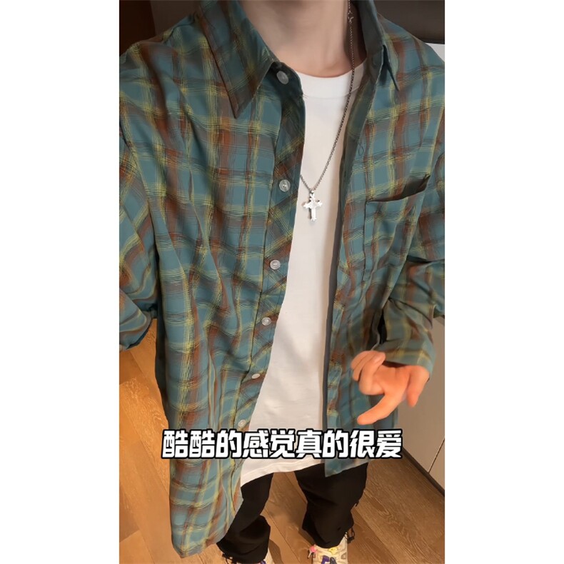 控价59港风格子衬衫宽松外套男女衬衣百搭格子外套CS2413P35,男装衬衫,电商A128