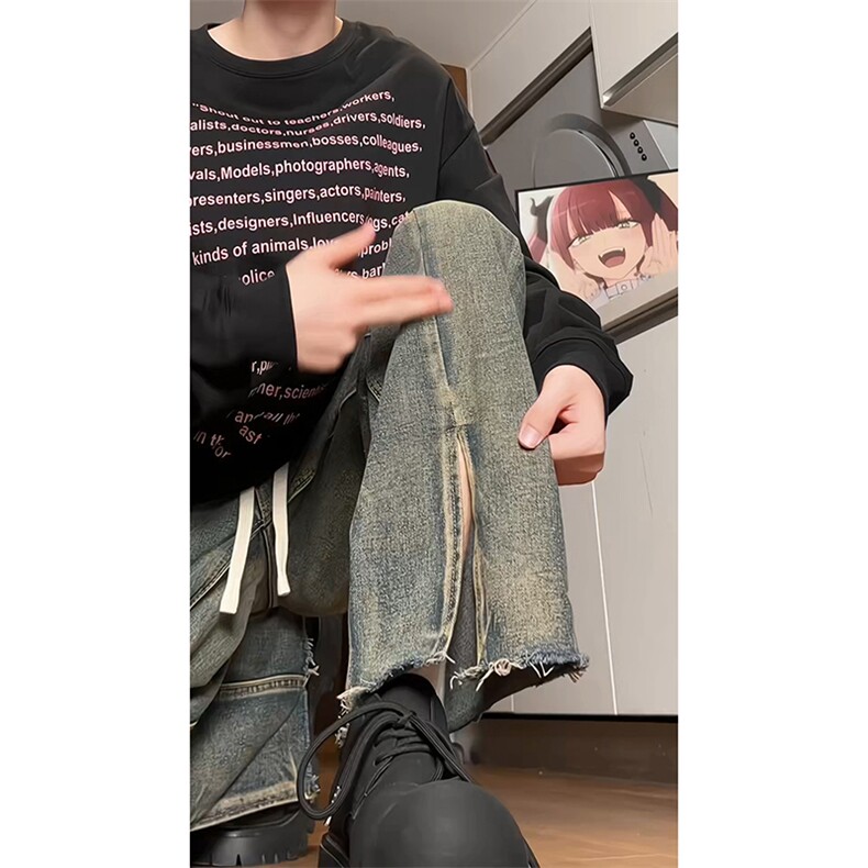 开叉宽松直筒牛仔裤男生长裤松紧腰KD607-P35,男装牛仔裤,电商D312-1