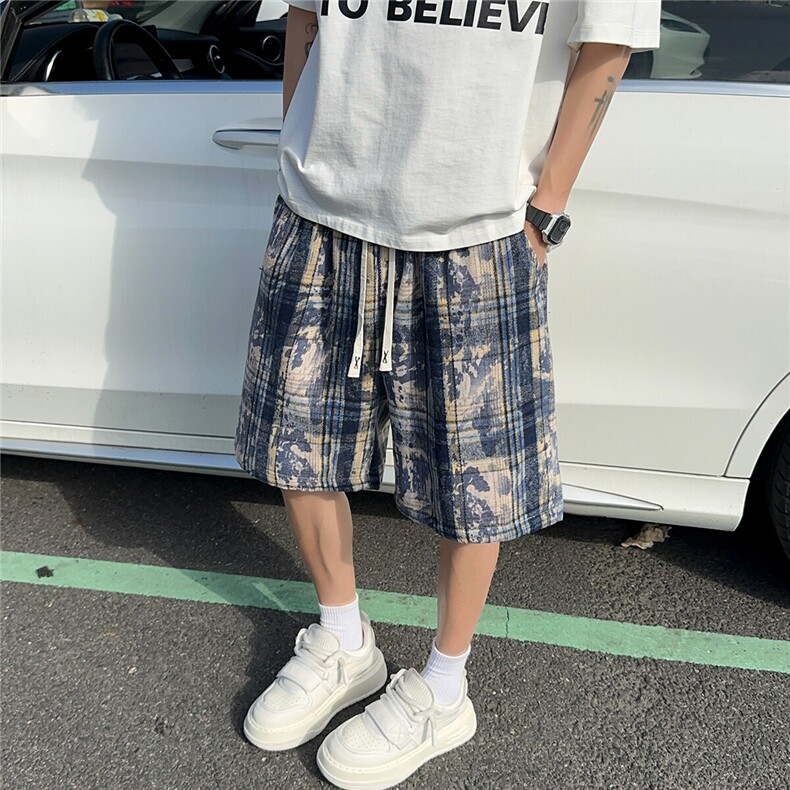 2025夏装新款美式扎染格子短裤五分裤男潮流K9902/特P25车景G,男装牛仔裤,电商A094