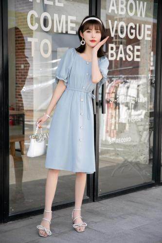 气质松紧腰连衣裙，女装连衣裙，楚楚媚衣