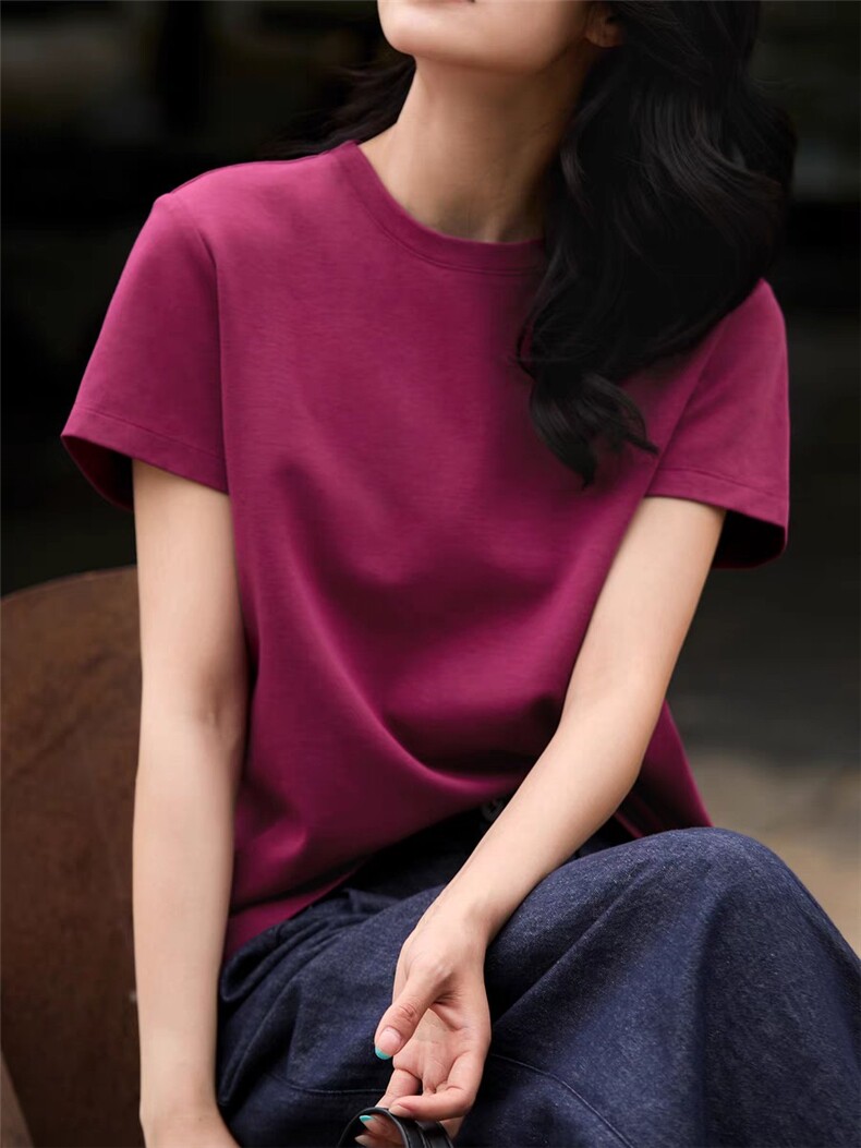 素颜冷白皮火龙果色树莓红短袖T恤夏季休闲短袖,女装T恤,湘姗