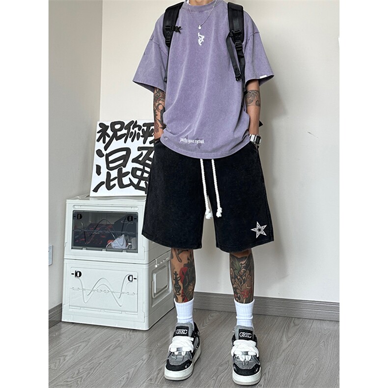港风纯棉320G重磅水洗做旧发泡印花短裤A014-DY25088-P40控58,男装牛仔裤,电商A014