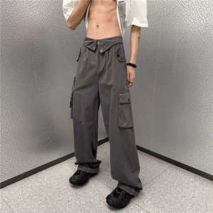 工装裤男美式街头翻盖腰头设计感直筒宽松阔腿裤百搭休闲长裤9分图片