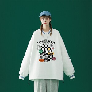 中性风 2023秋季新款港风潮牌棋盘格印花宽松百搭卫衣B06p55控68图片