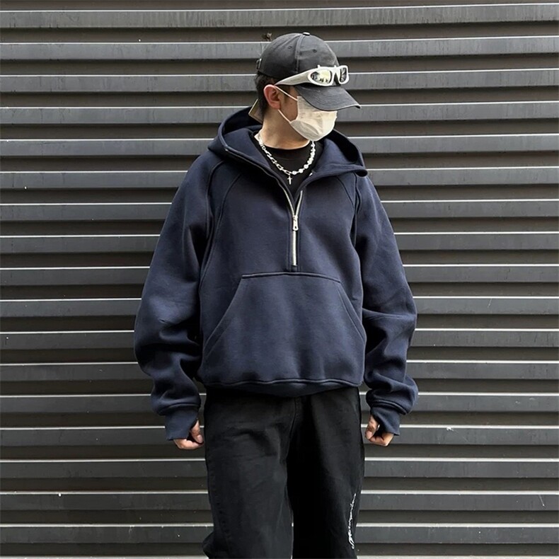 抖音得物二开美式重磅宽松结构拉链设计防风高领连帽卫衣外套W76,男装卫衣,电商A486