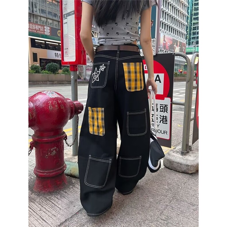 美式复古格纹口袋拼接刺绣牛仔裤女设计感bf宽松阔腿休闲裤,男装牛仔裤,星座813-3