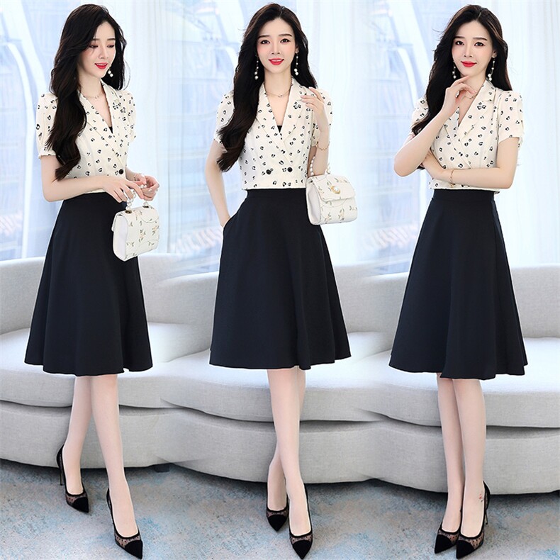 2022夏装新款气质淑女短款印花翻领上衣搭配半身裙两件套，女装套装/套裙，芭米依尚